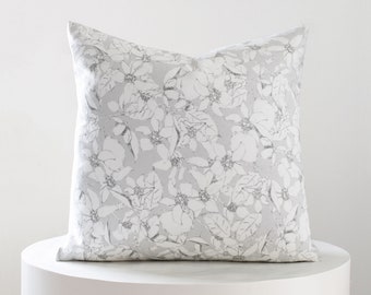 Sketched Floral Pillow Cover, Light Gray and White Pillow Case, Abstract Wildflower Lumbar, Line Drawing Throw, "MEYER SKETCHED WHITE"