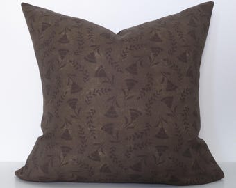 Deep Brown Floral Linen Pillow Cover, Vintage Botanical Throw Cushion, FLEUR DRIFTWOOD