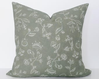 Sage Green Floral Pillow Cover, Vintage Botanical Linen Cushion, Spring Decor, DOT BASIL