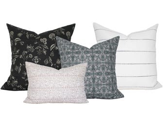 Four Pillow Set, Floral and Stripe Combination, Handmade Transitional Pillows, EVENING EDIT