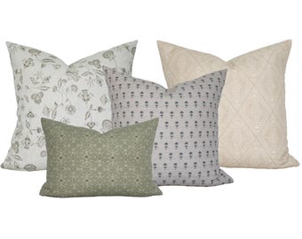 Four Pillow Set, Neutral Green Floral and Block Print Throw Combination, GARDEN GLOW