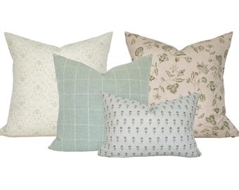 Four Pillow Set, Blush Green and Cream Floral Cushion Combination, PASTEL POISE