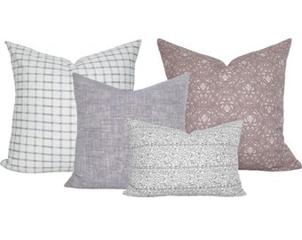 Four Pillow Set, Mauve Floral and Modern Gray Plaid Designer Sofa Shams, CALM CONTRAST