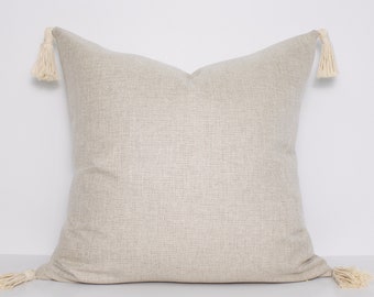 Cream Pillow Cover, Decorative Accent Sham, Neutral Designer Cushion, LINEN TASSEL OAT
