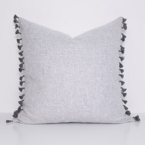 Gray Linen Pillow Cover, Tassel Pillow Cover, Neutral Pillow Cover, Designer Pillow Cover, Throw Pillows 20x20, LINEN TASSEL GREY image 1