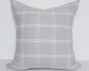Plaid Pillow Cover, Light Gray Windowpane Grid Throw, Neutral Small-Batch Cushion, PLAID MIST