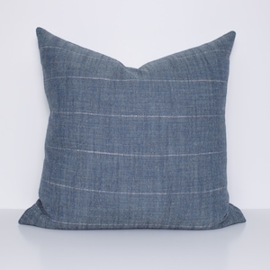 Blue Striped Pillow Cover, Indigo Linen Throw Pillow, Woven Striped Farmhouse Accent Sham, Small-Batch Cushion, BROAD STRIPE DENIM