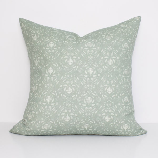 Sage Green Floral Pillow Cover,  Wildflower Pattern Pillow Case, Seafoam Throw Pillow, Block Print Lumbar, "Meadow Mint" 20x20 14x20 22x22