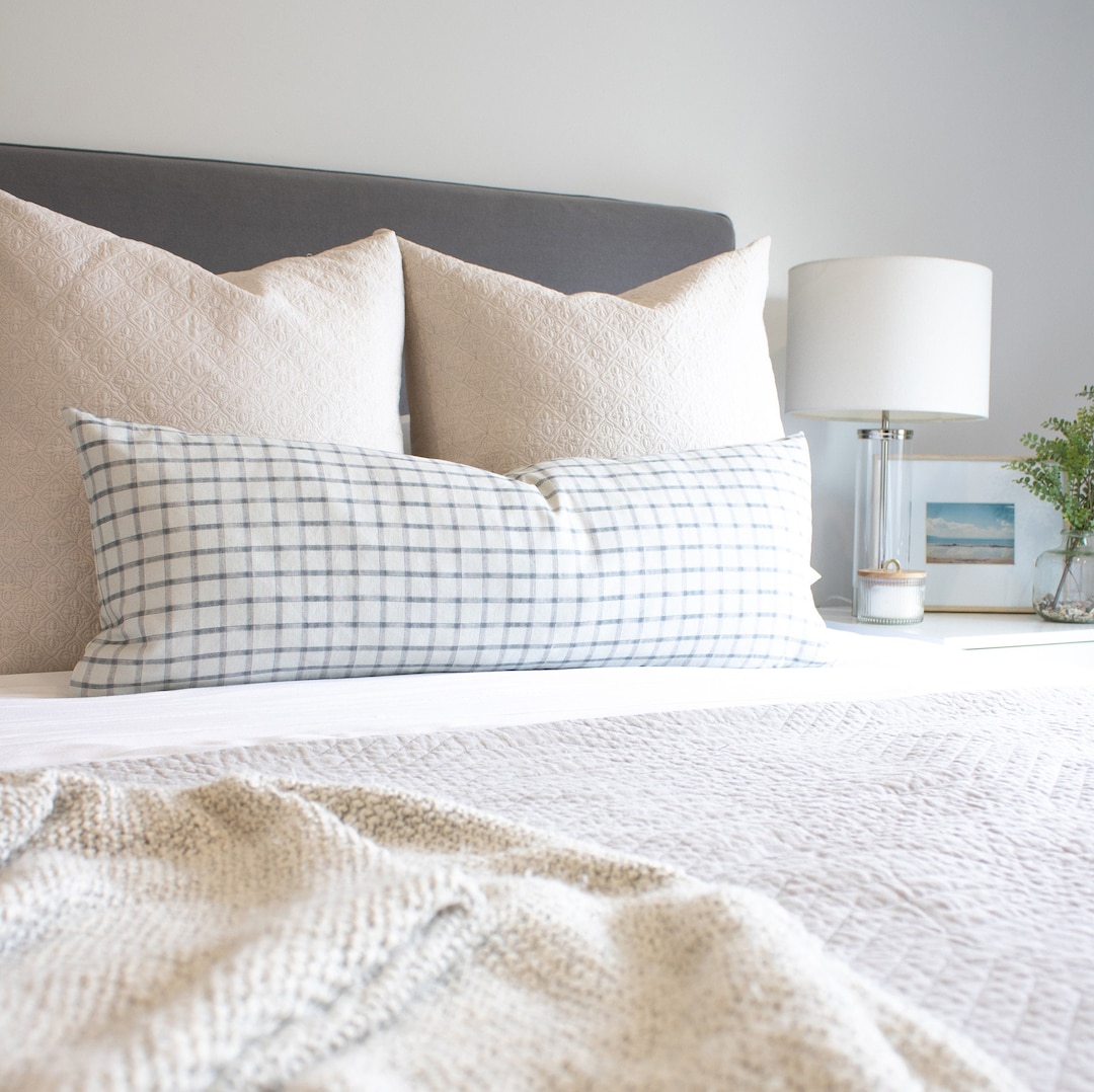 Cream Neutral Lumbar Pillow Cover, Extra Long Lumbar Pillow, Plaid