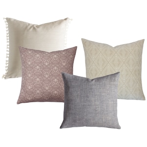 Four Pillow Sofa Set, Mauve and Neutral Combination, Curated Throw Pillow Collection, Solid and Patterned Shams