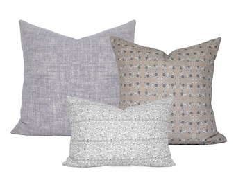 Three Pillow Set, Periwinkle Taupe Cover Combo, Floral Solid Sofa Trio, MUTED & MODERN