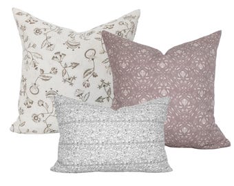 Three Pillow Set, Floral Block Print Sofa Shams in Mauve and Neutral, WILDFLOWER & WHIMSY