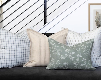Four Pillow Set, Sage Floral and Plaid Sofa Shams, Spring Summer Combination, GENTLE GROVE