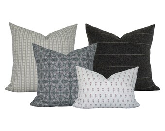 Four Pillow Set, Moody Floral Black-Print and Stripe Sofa Shams, SHADOW STUDY