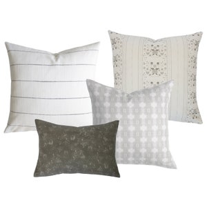 Neutral Pillow Set, Four Throw Sham  Sofa Set, Curated Designer Cushion Combination, Grey and White Decorative Toss Pillow Covers