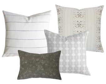 Neutral Pillow Combination, Neutral Pillow Set, Curated Throw Pillow Collection, Four Pillow Sofa Set, Solid and Patterned Pillow Combo