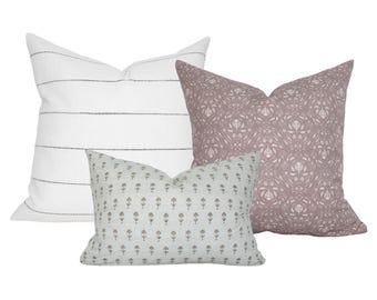 Three Pillow Set, Black Stripe and Mauve, Designer Floral Throw Cushion Combo, PETAL & PINSTRIPE
