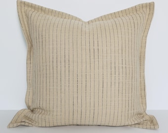 Tan with Charcoal Stripe Pillow Cover, Pinstripe Small-Batch Linen Blend Throw Pillow, FLANGE FLAX