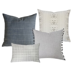 Blue and Gray Pillow Combination, Curated Throw Pillow Collection, Four Pillow Sofa Set, Solid and Patterned Pillow Combo