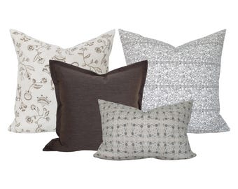 Four Pillow Set, Warm Neutral Floral and Block-Print Sofa Shams, ANTIQUE ATELIER