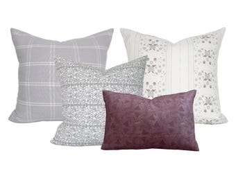 Four Pillow Set, Grey and Mauve Floral Sofa Shams, Neutral Burgundy Combination, MERLOT MUSE
