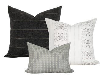 Three Pillow Set, Black Neutral Throws, Stripe Floral Sofa Trio, CLASSIC & COMPOSED