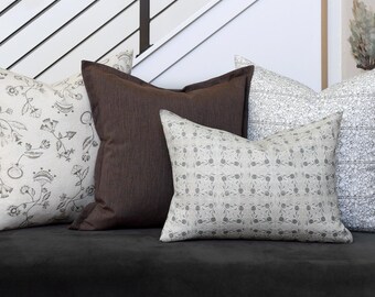 Four Pillow Set, Warm Neutral Floral and Block-Print Sofa Shams, ANTIQUE ATELIER