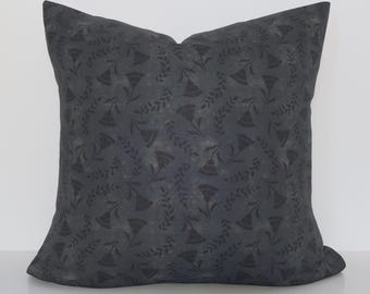 Slate Blue Floral Pillow Cover, French Linen Throw Cushion, Double-Sided Pattern, FLEUR ASHWOOD