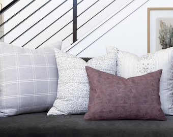 Four Pillow Set, Grey and Mauve Floral Sofa Shams, Neutral Burgundy Combination, MERLOT MUSE