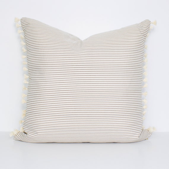 Pinstripe Tassel Pillow Cover in Tan
