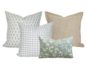 Four Pillow Set, Sage Floral and Plaid Sofa Shams, Spring Summer Combination, GENTLE GROVE