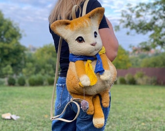 OOAK Cat backpack felt backpack felted animals duffle bag eco bag woven Ukraine shops personalized felt animal felt backpack cat toy