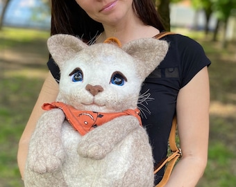 Cat backpack felt backpack backpack felted animals duffle bag eco bag woven Ukraine shops personalized felt animal felt backpack cat toy