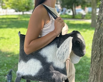 Felt bag Aesthetic tote bag  felt goat bag Nubian goat felted animals animal purses bag black white goat bag