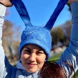 Felt wool hat rabbit hat felt blue hat woolen felted hat handmade Felt Ukraine shops animal hat costume hat cosplay props felted bunny