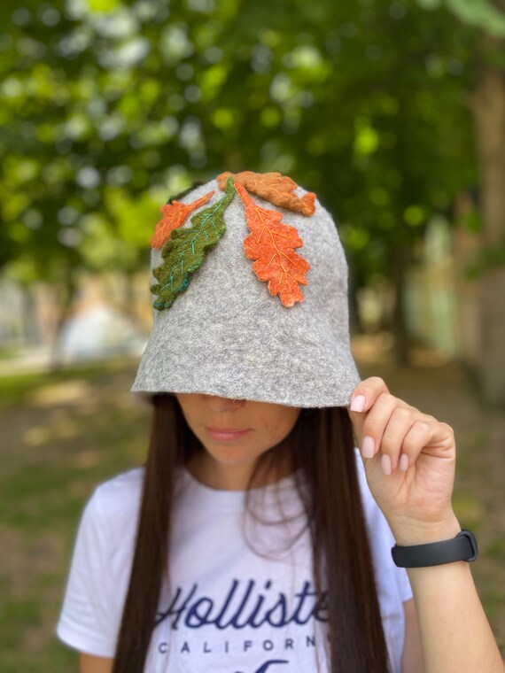 Orange and Green Felt Hat with Leaf Design Orange Wool Felted Witch Hat: Handmade Costume Novelty Hat  main image 3
