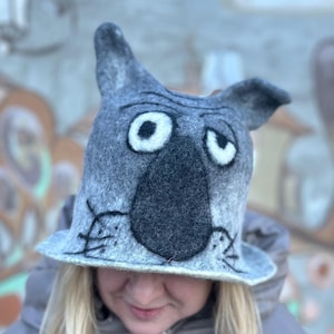 OOAK Felt cat hat Handcrafted sauna felted hat Felt animals piggy hat handmade Felt hat wool hat Sauna accessories animal hat Fox hat