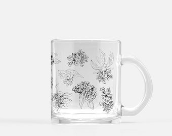 Mountain Laurel Floral Glass Mug – Clear Coffee & Tea Cup, Botanical Gift