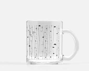 Birch Tree Glass Mug – Black Ink Tree Design, Clear Coffee & Tea Cup for Nature Lovers