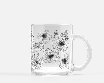 Anemone Floral Glass Mug – Clear Coffee & Tea Cup, Botanical Gift for Her or Him