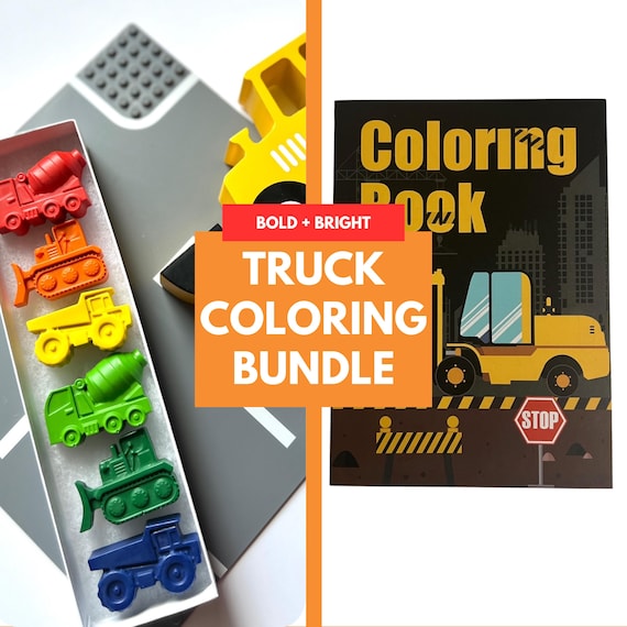Construction Truck Crayon Set & Mini Coloring Book: Kids Birthday Gift