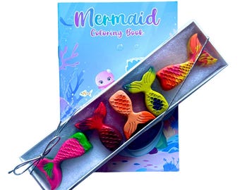 Mermaid Tail Crayons & Mini Coloring Book Set (Kids Gift, Mermaid Gift, Seashell Craft Birthday Gift, Mermaid Birthday Present)