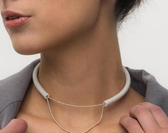Leather Choker with Glass Beads C016 White