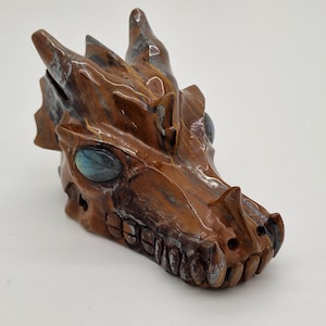 Hand carved 5.4&quot; TIGER IRON EYE Carved Crystal Dragon Skull, Crystal Healing