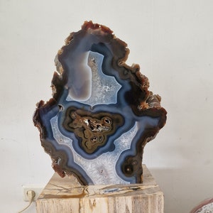 May include: A large, blue and brown agate geode slice sits on a pedestal made of petrified wood. The geode has a complex pattern of concentric rings and swirls.