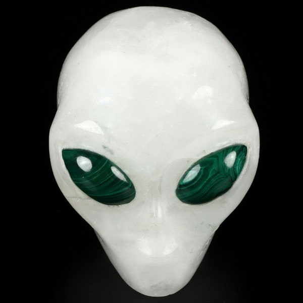 4.0" QUARTZ ROCK CRYSTAL Star Being Female Alien Skull with Malachite Eyes Hand carved