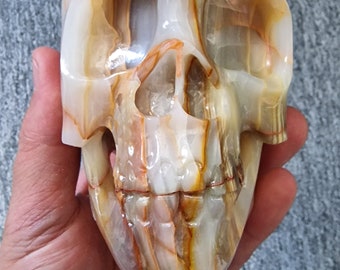 手彫りのメキシカンブルーオニキススカル：XLサイズの縞模様の