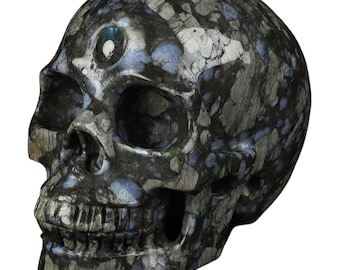 May include: A black and blue skull sculpture made of polished stone with a blue gemstone in the forehead.