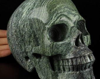 Green Zebra Jasper 6.9&quot; Hand  Carved Crystal Skull, Realistic, Metaphysical Healing, Home skull decor, Meditation skull