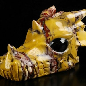 5.0&quot; MOOKAITE JASPER Carved Crystal Dragon Skull & Black Obidian Eyes, Home decorative, meditation stone, metaphysical healing